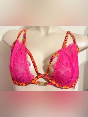Victoria's Secret Very Sexy Low Cut Demi Bra Hot Pink Lace Orange Trim 38D NWT